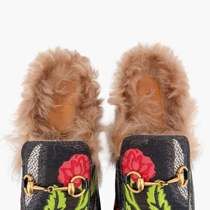 Gucci Princetown Fur Lined Brocade Mules Size 39