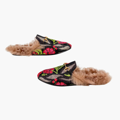 Gucci Princetown Fur Lined Brocade Mules Size 39