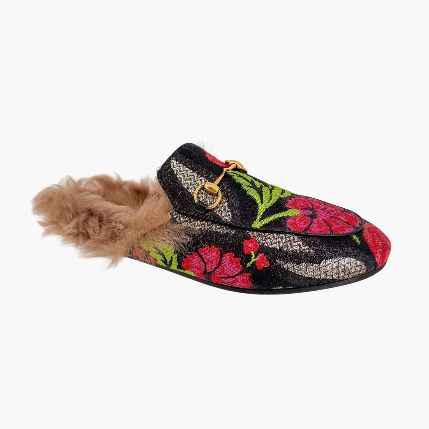 Gucci Princetown Fur Lined Brocade Mules Size 39