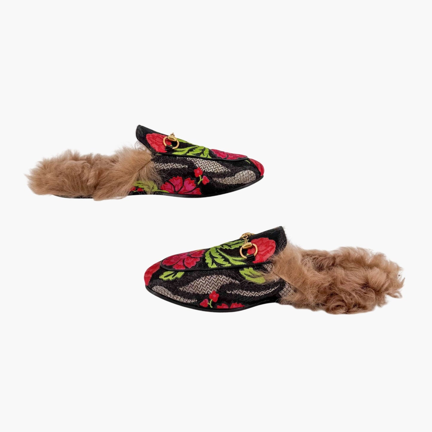 Gucci Princetown Fur Lined Brocade Mules Size 39