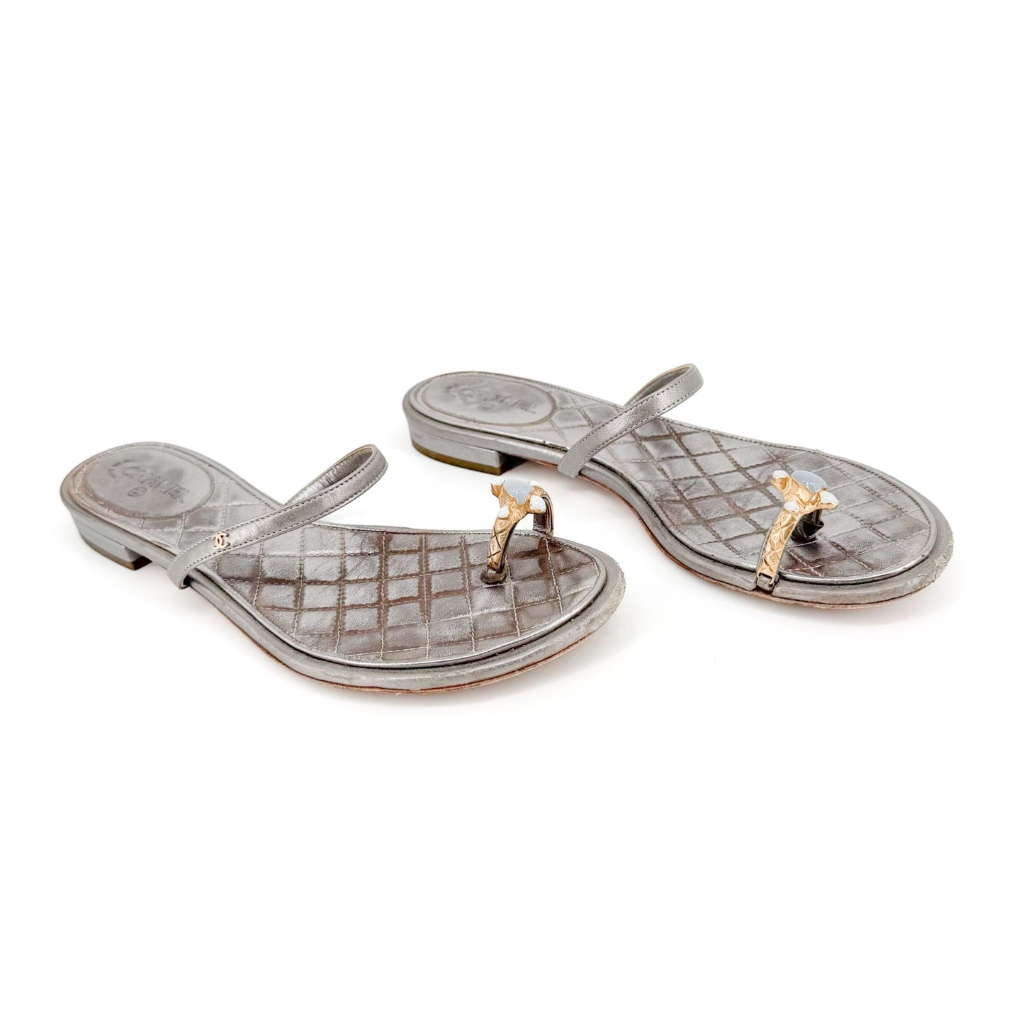 Chanel Quilted Toe Ring Sandals Silver Size 36.5