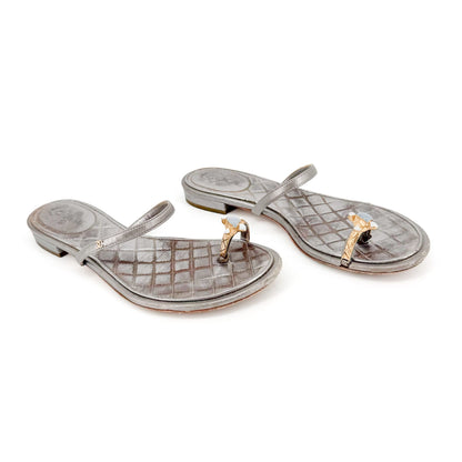 Chanel Quilted Toe Ring Sandals Silver Size 36.5