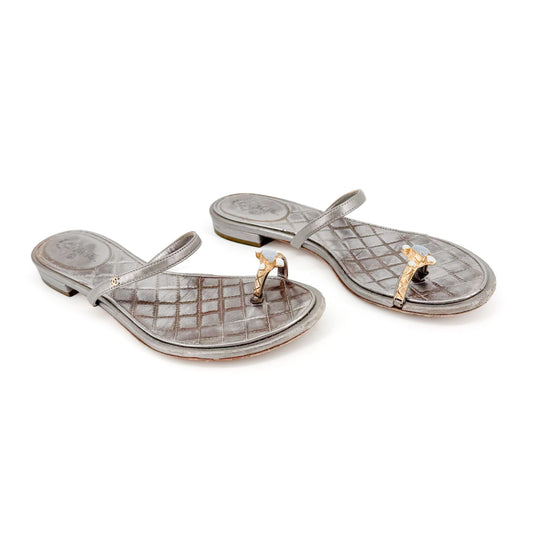 Chanel Quilted Toe Ring Sandals Silver Size 36.5