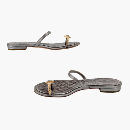 Chanel Quilted Toe Ring Sandals Silver Size 36.5