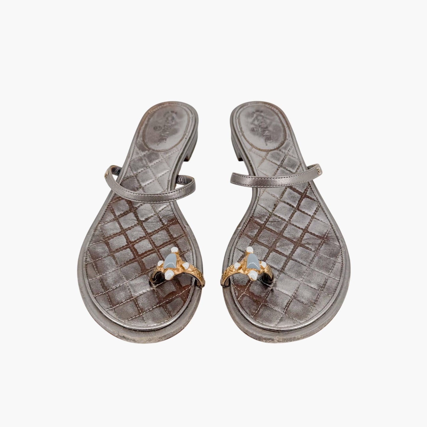 Chanel Quilted Toe Ring Sandals Silver Size 36.5