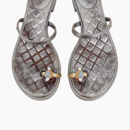 Chanel Quilted Toe Ring Sandals Silver Size 36.5
