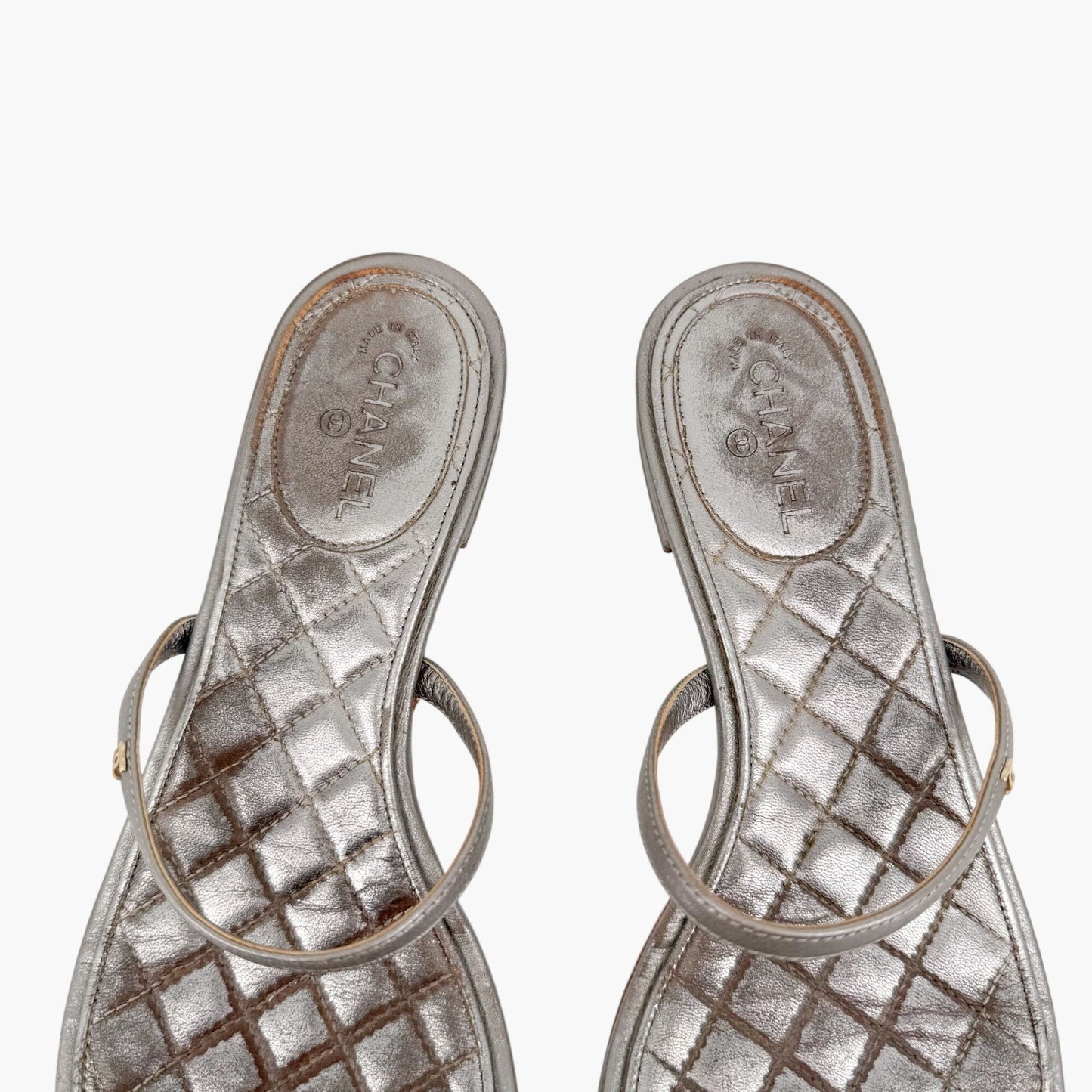 Chanel Quilted Toe Ring Sandals Silver Size 36.5