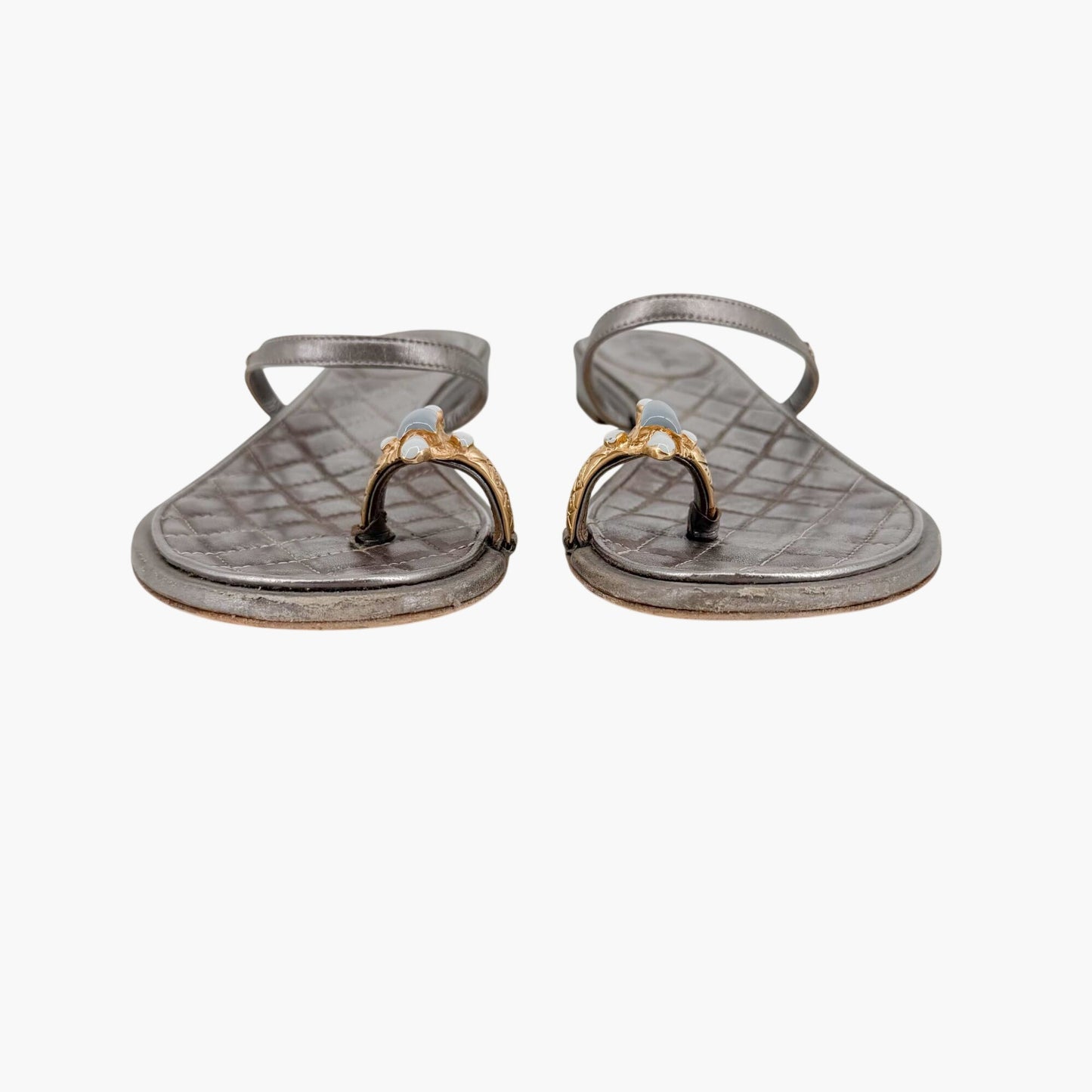 Chanel Quilted Toe Ring Sandals Silver Size 36.5