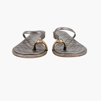 Chanel Quilted Toe Ring Sandals Silver Size 36.5