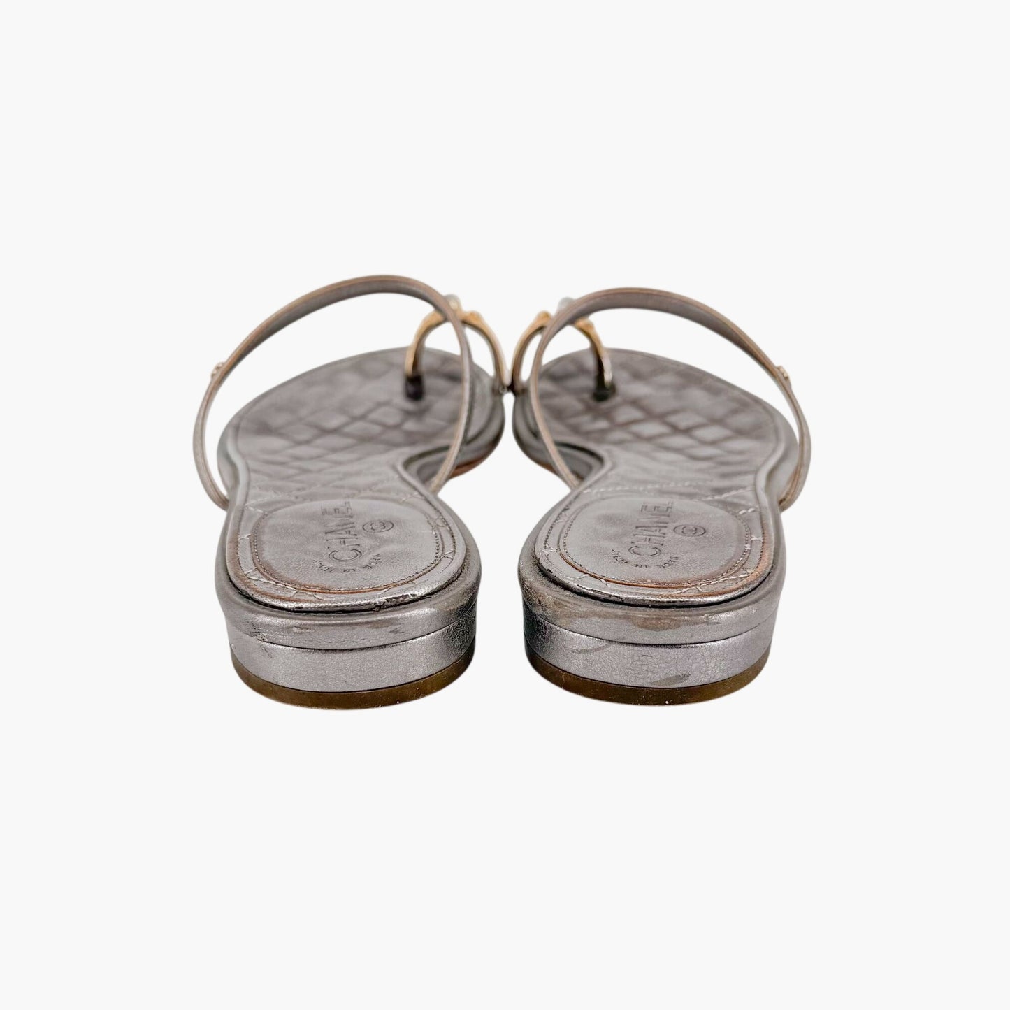 Chanel Quilted Toe Ring Sandals Silver Size 36.5