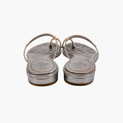 Chanel Quilted Toe Ring Sandals Silver Size 36.5