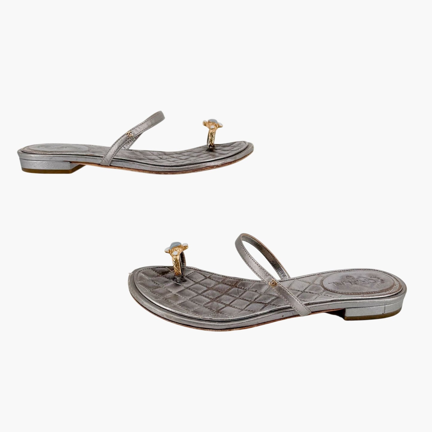 Chanel Quilted Toe Ring Sandals Silver Size 36.5