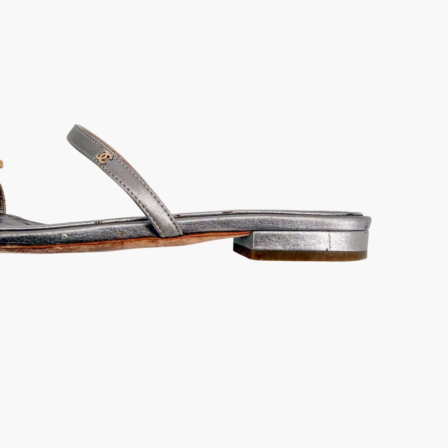 Chanel Quilted Toe Ring Sandals Silver Size 36.5