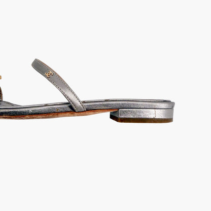 Chanel Quilted Toe Ring Sandals Silver Size 36.5