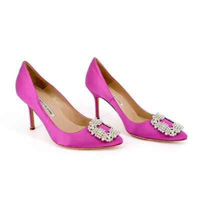 Manolo Blahnik Hangisi Pearl-Embellished Pumps in Pink Satin Size 37.5