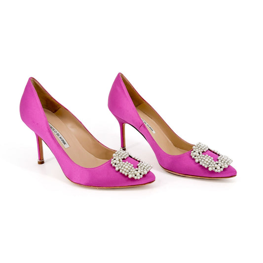 Manolo Blahnik Hangisi Pearl-Embellished Pumps in Pink Satin Size 37.5