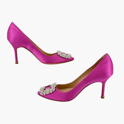 Manolo Blahnik Hangisi Pearl-Embellished Pumps in Pink Satin Size 37.5