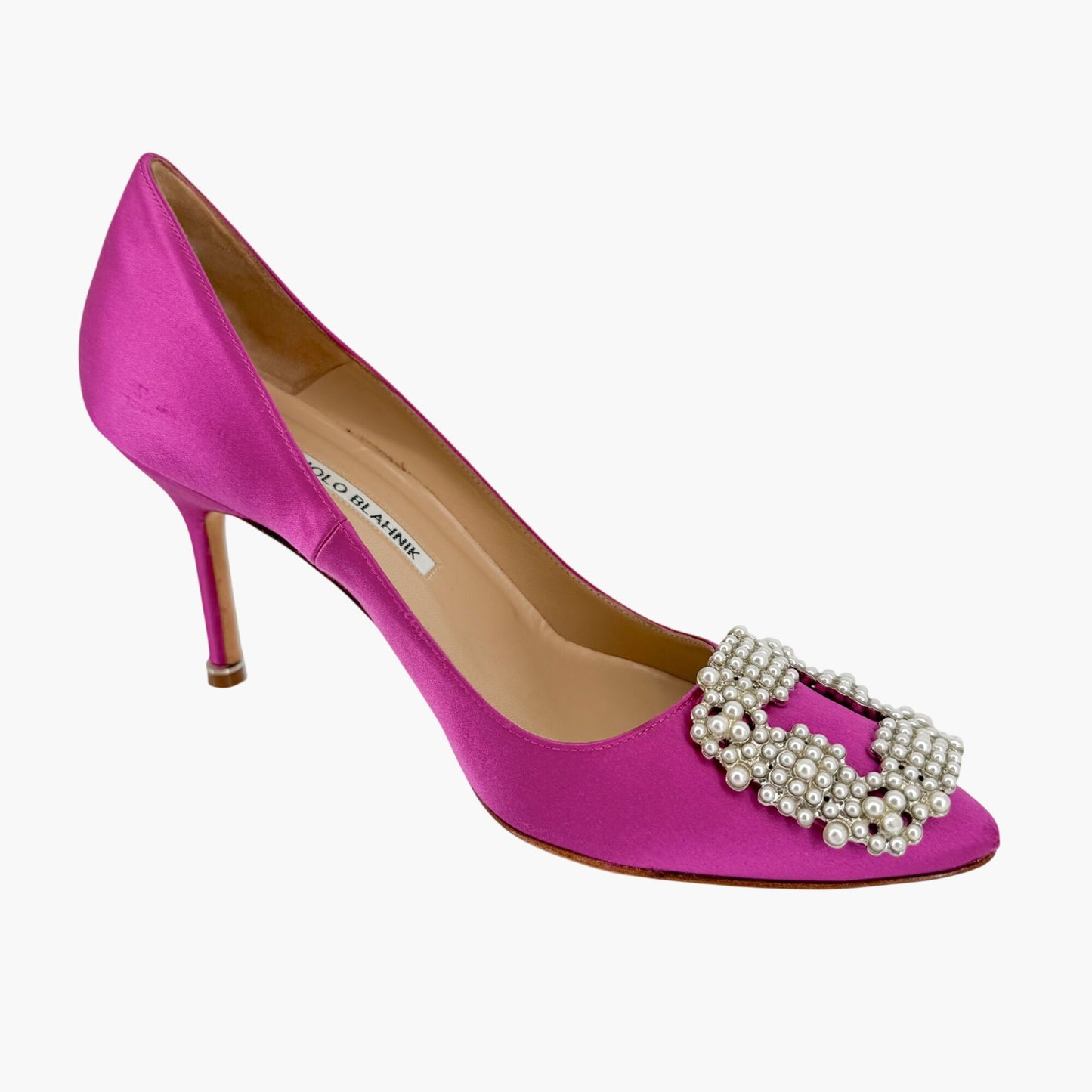 Manolo Blahnik Hangisi Pearl-Embellished Pumps in Pink Satin Size 37.5