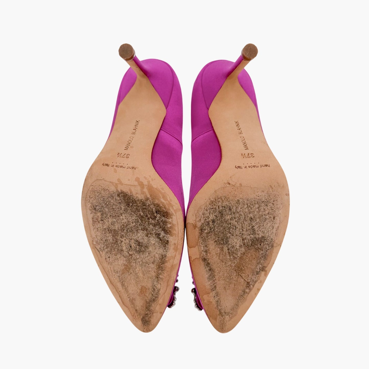 Manolo Blahnik Hangisi Pearl-Embellished Pumps in Pink Satin Size 37.5