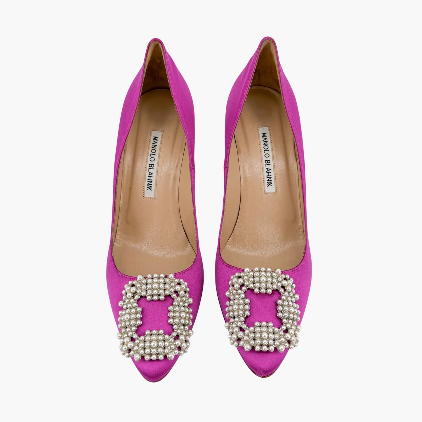 Manolo Blahnik Hangisi Pearl-Embellished Pumps in Pink Satin Size 37.5