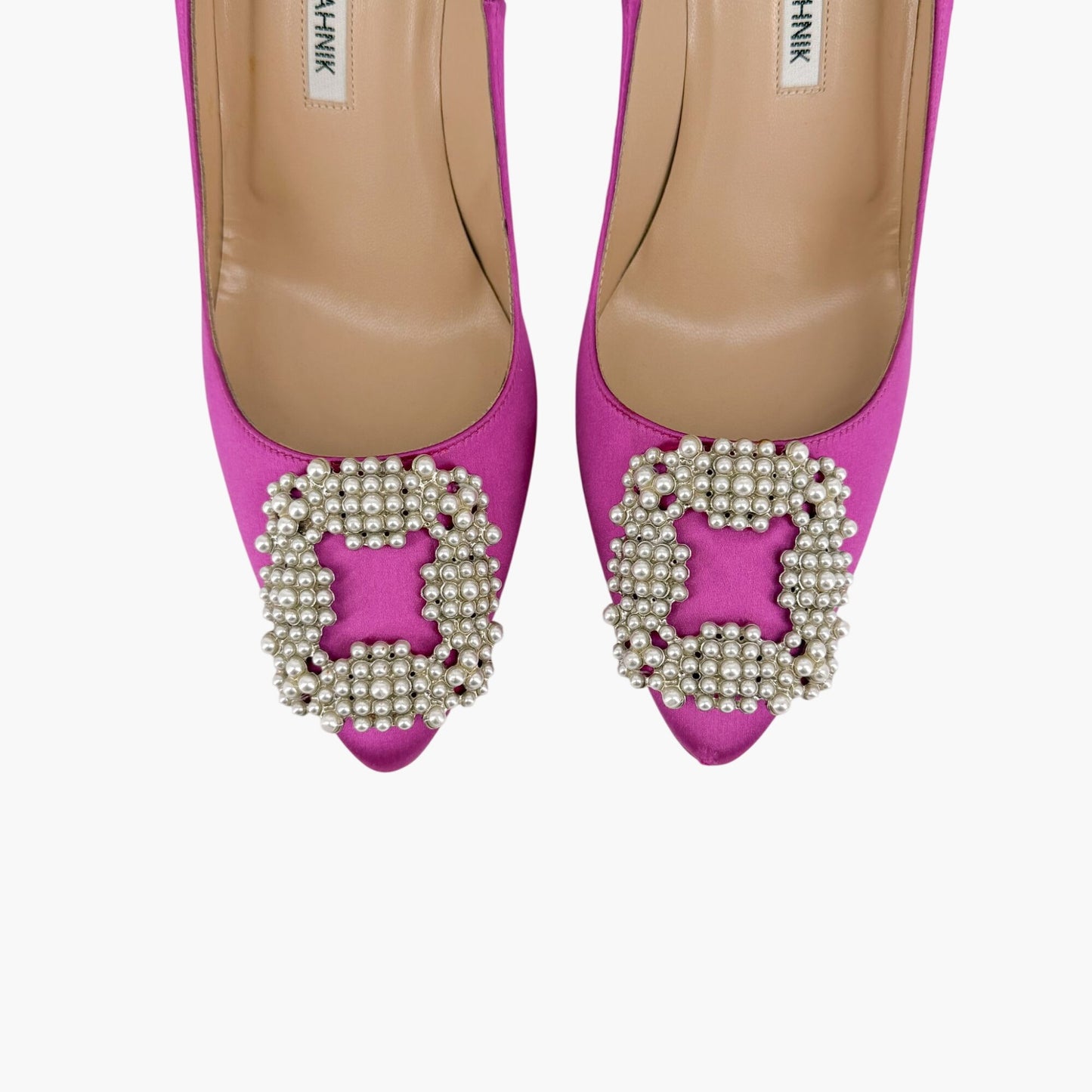 Manolo Blahnik Hangisi Pearl-Embellished Pumps in Pink Satin Size 37.5