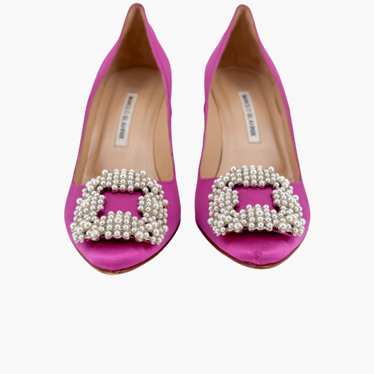 Manolo Blahnik Hangisi Pearl-Embellished Pumps in Pink Satin Size 37.5
