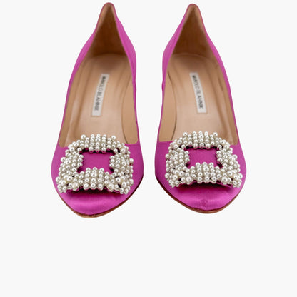 Manolo Blahnik Hangisi Pearl-Embellished Pumps in Pink Satin Size 37.5