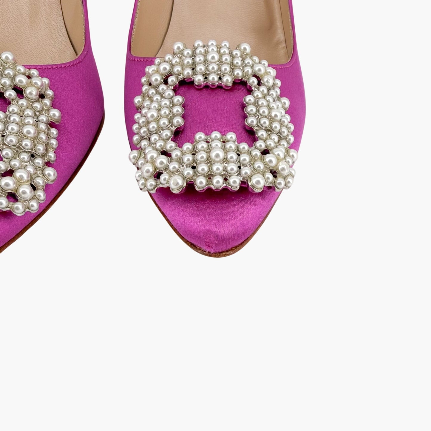 Manolo Blahnik Hangisi Pearl-Embellished Pumps in Pink Satin Size 37.5