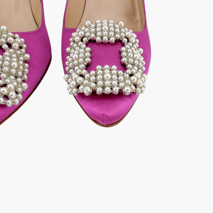 Manolo Blahnik Hangisi Pearl-Embellished Pumps in Pink Satin Size 37.5