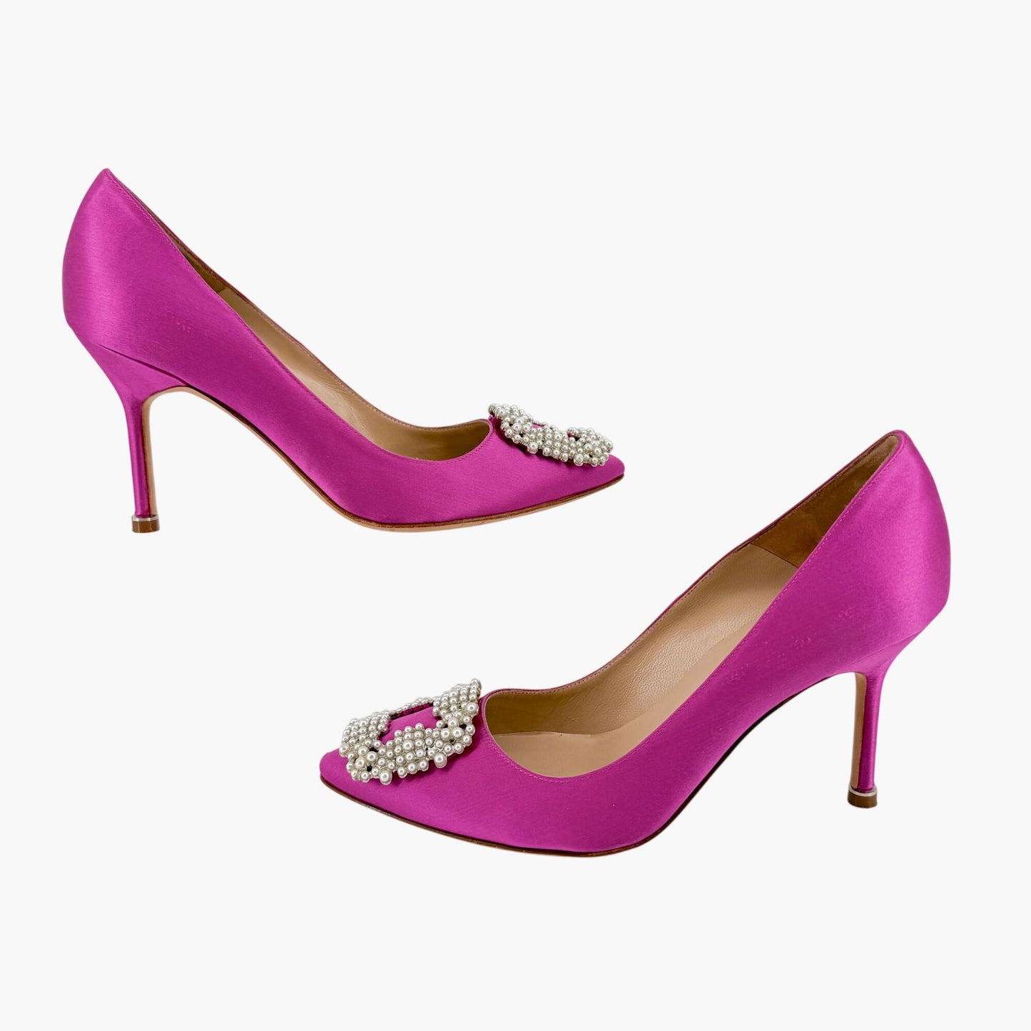 Manolo Blahnik Hangisi Pearl-Embellished Pumps in Pink Satin Size 37.5
