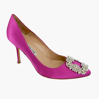 Manolo Blahnik Hangisi Pearl-Embellished Pumps in Pink Satin Size 37.5
