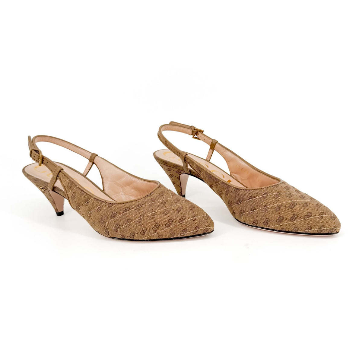 Gucci GG Slingback Quilted Pumps in Beige Monogram Canvas Size 36