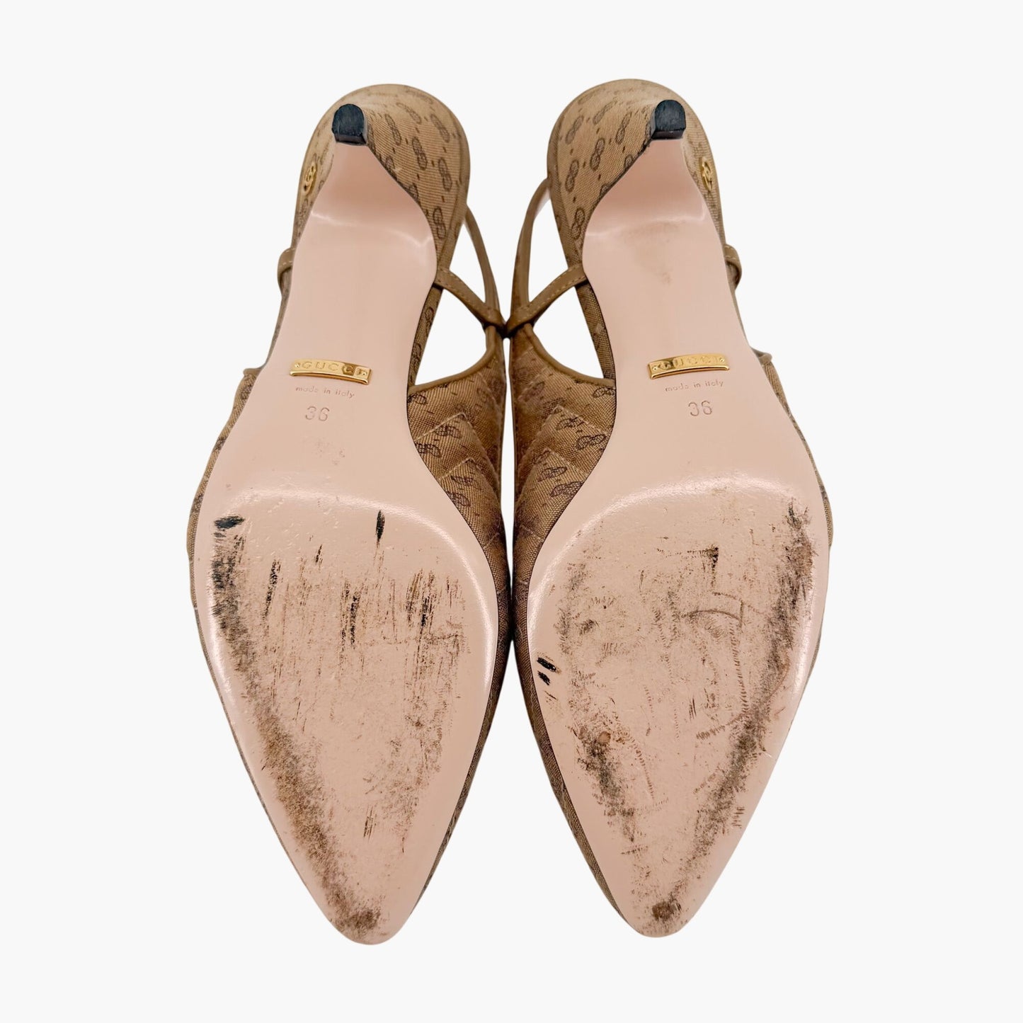 Gucci GG Slingback Quilted Pumps in Beige Monogram Canvas Size 36