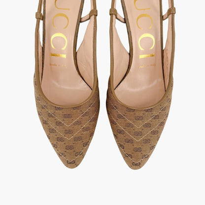 Gucci GG Slingback Quilted Pumps in Beige Monogram Canvas Size 36