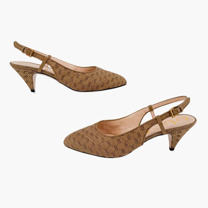 Gucci GG Slingback Quilted Pumps in Beige Monogram Canvas Size 36