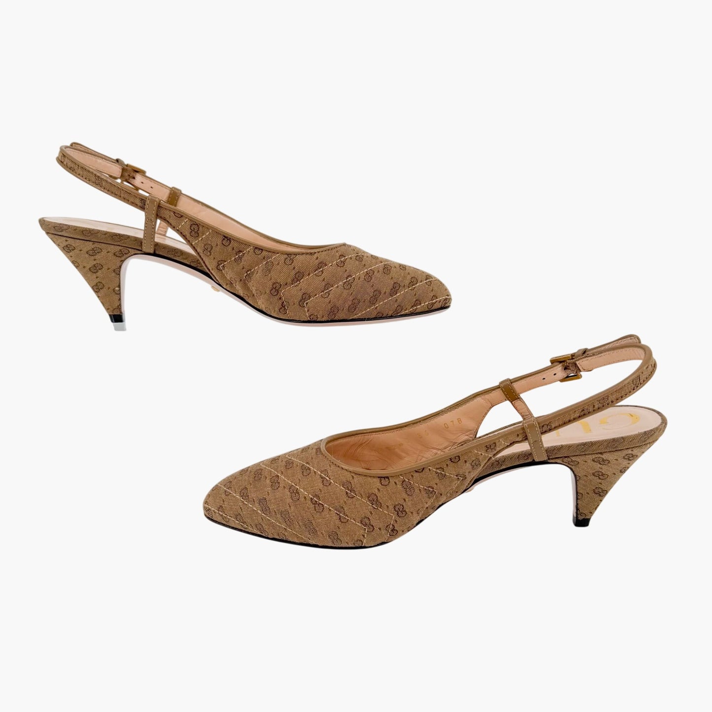 Gucci GG Slingback Quilted Pumps in Beige Monogram Canvas Size 36
