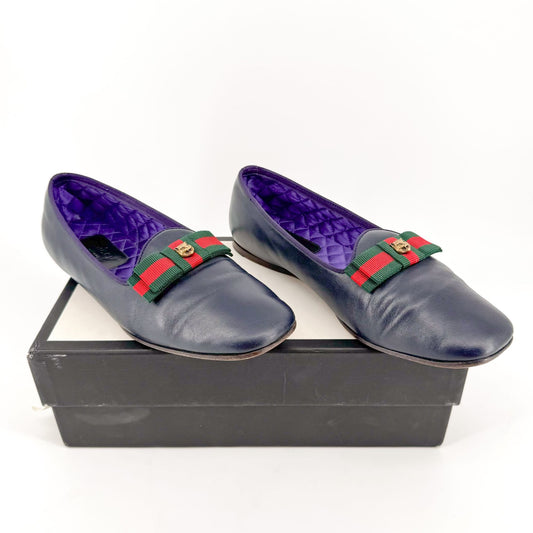 Gucci Web Stripe Tiger Head Loafer in Navy Blue Leather Size 40