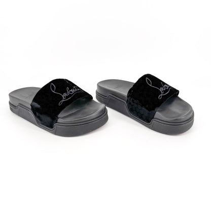 Christian Louboutin "Navy Pool" Logo Embroidered Slide Sandals in Black Velvet Size 37