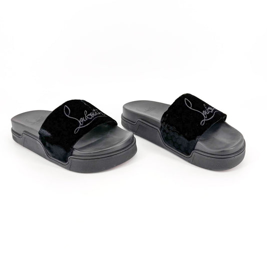 Christian Louboutin "Navy Pool" Logo Embroidered Slide Sandals in Black Velvet Size 37