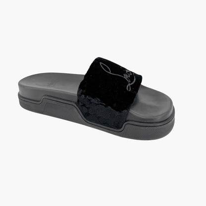 Christian Louboutin "Navy Pool" Logo Embroidered Slide Sandals in Black Velvet Size 37