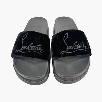 Christian Louboutin "Navy Pool" Logo Embroidered Slide Sandals in Black Velvet Size 37