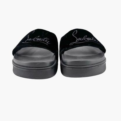 Christian Louboutin "Navy Pool" Logo Embroidered Slide Sandals in Black Velvet Size 37
