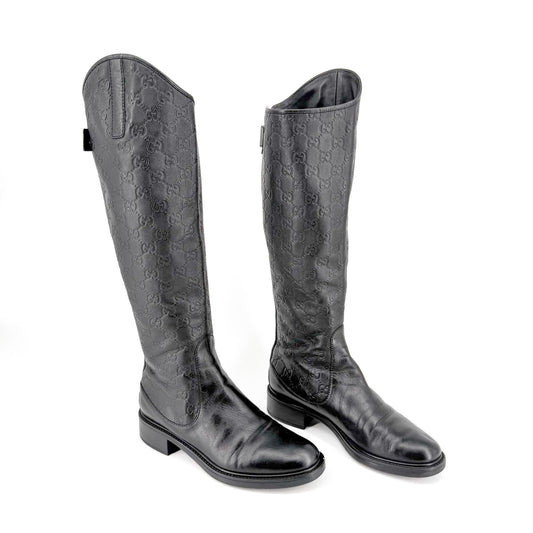 Gucci Maud GG Knee High Riding Boots in Black Leather Size 38.5