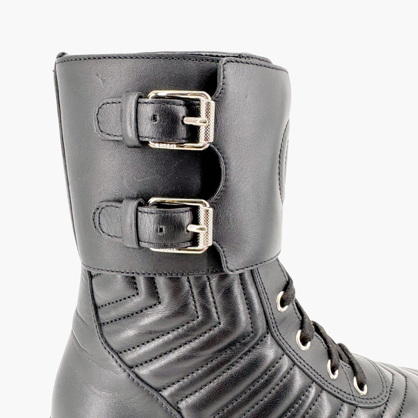 Gucci Frances GG Combat Boot in Black Matelasse Leather Size 36