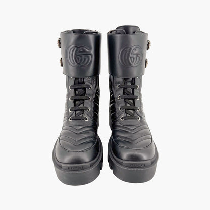 Gucci Frances GG Combat Boot in Black Matelasse Leather Size 36