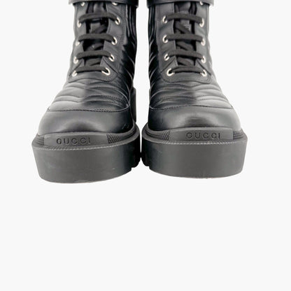 Gucci Frances GG Combat Boot in Black Matelasse Leather Size 36