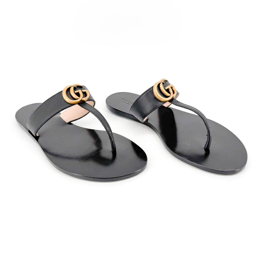 Gucci Marmont GG Thong Sandals in Black Leather Size 40.5