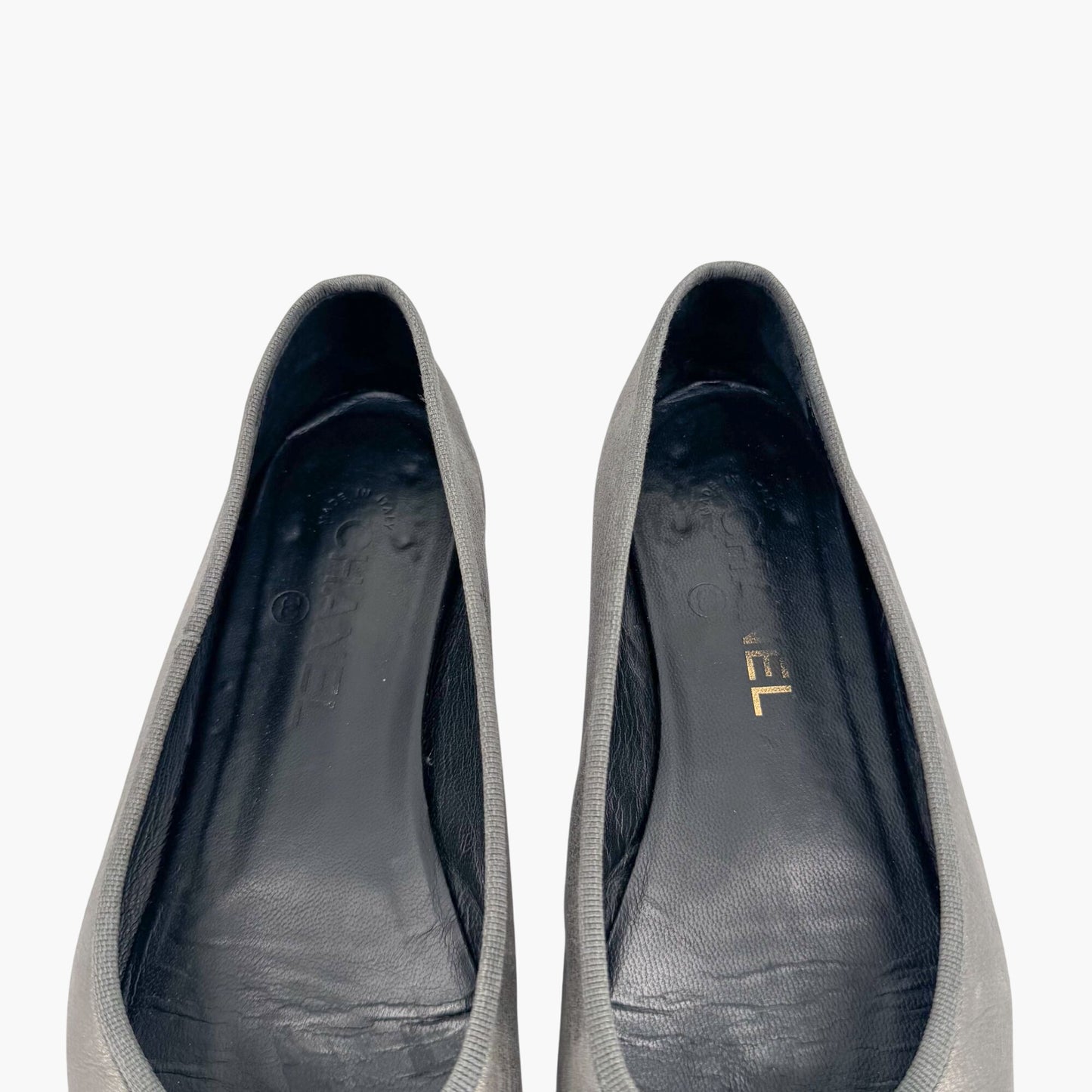 Chanel CC Cap Toe Ballerina Flats in Metallic Grey Leather – Size 38