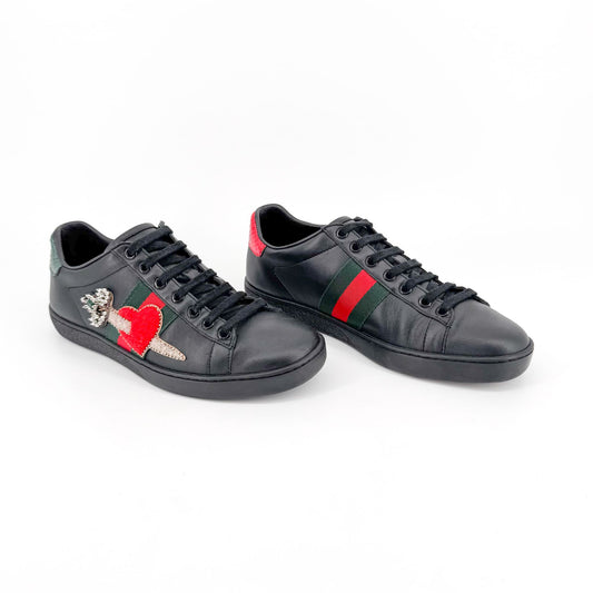 Gucci Ace Embellished Heart & Dagger Sneakers in Black Leather Size 36.5