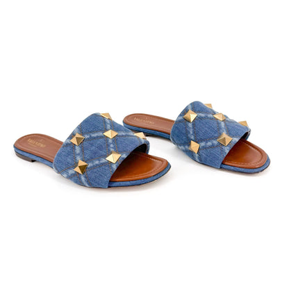 Valentino Garavani Roman Stud Denim Slide Sandals in Blue Size 41